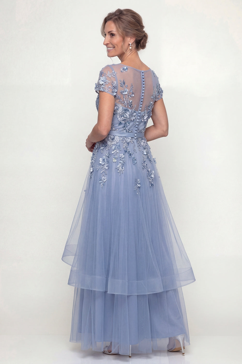 Boat Neck A Line Dusty Blue Floral Ruffled Floor Length Mother of the Bride or Groom Dress with Sleeves