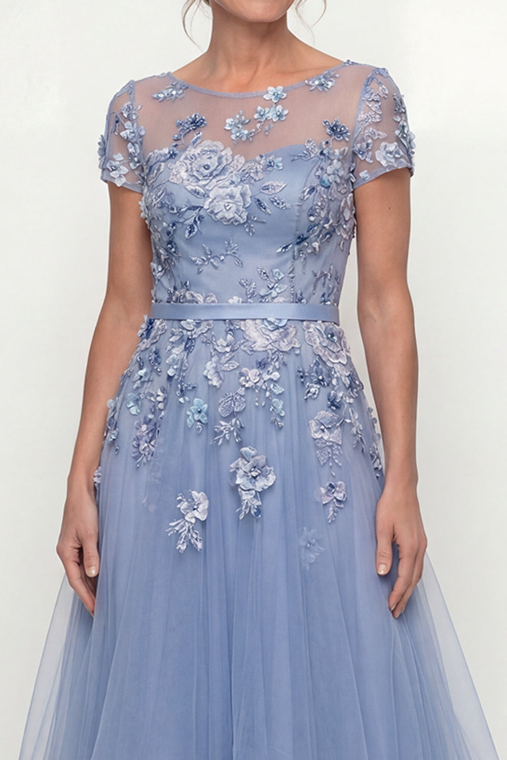 Boat Neck A Line Dusty Blue Floral Ruffled Floor Length Mother of the Bride or Groom Dress with Sleeves