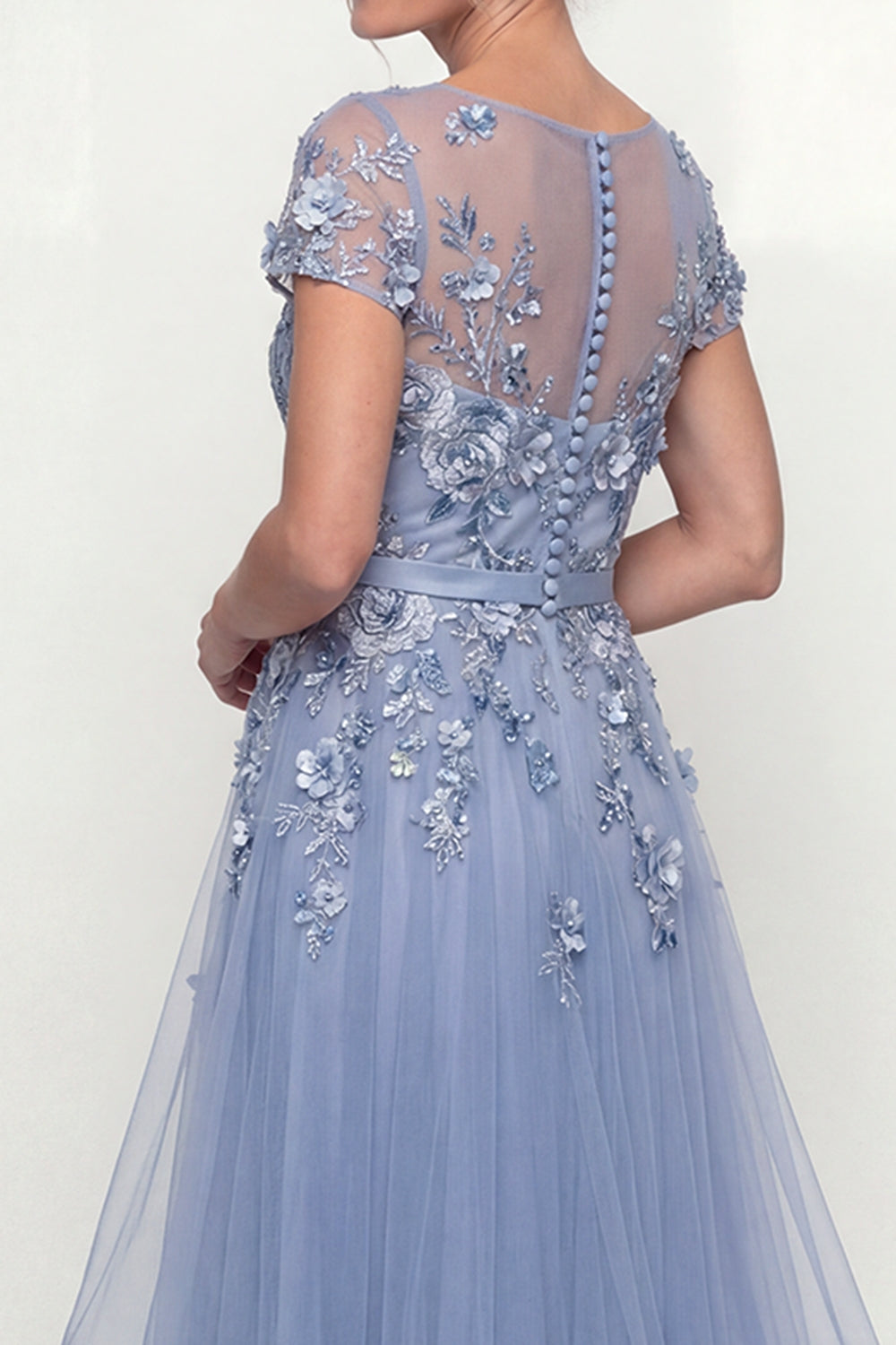 Boat Neck A Line Dusty Blue Floral Ruffled Floor Length Mother of the Bride or Groom Dress with Sleeves
