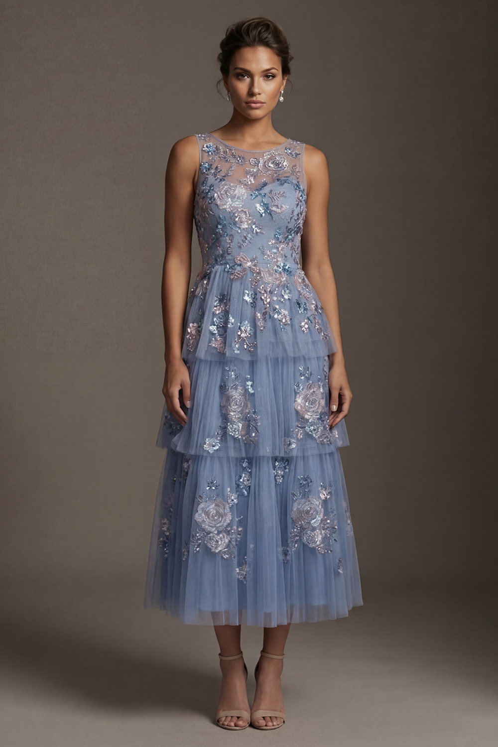 Round Neck A Line Dusty Blue Floral Tea Length Mother of the Bride or Groom Dress with Ruffles