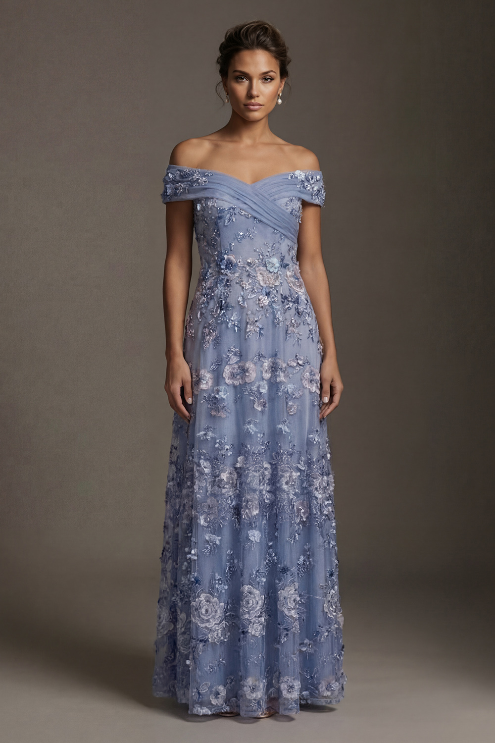 Off The Shoulder A Line Dusty Blue Floral Floor Length Mother of the Bride or Groom Dress