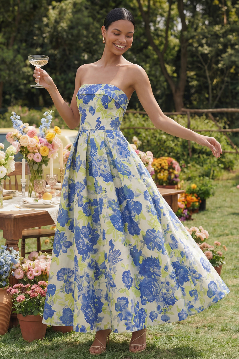 Blue Daffodil Flower Strapless A Line Floral Maxi Wedding Guest Dress