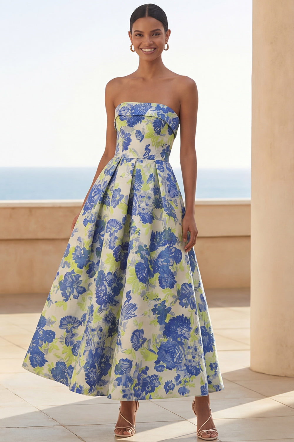 Blue Daffodil Flower Strapless A Line Floral Maxi Wedding Guest Dress