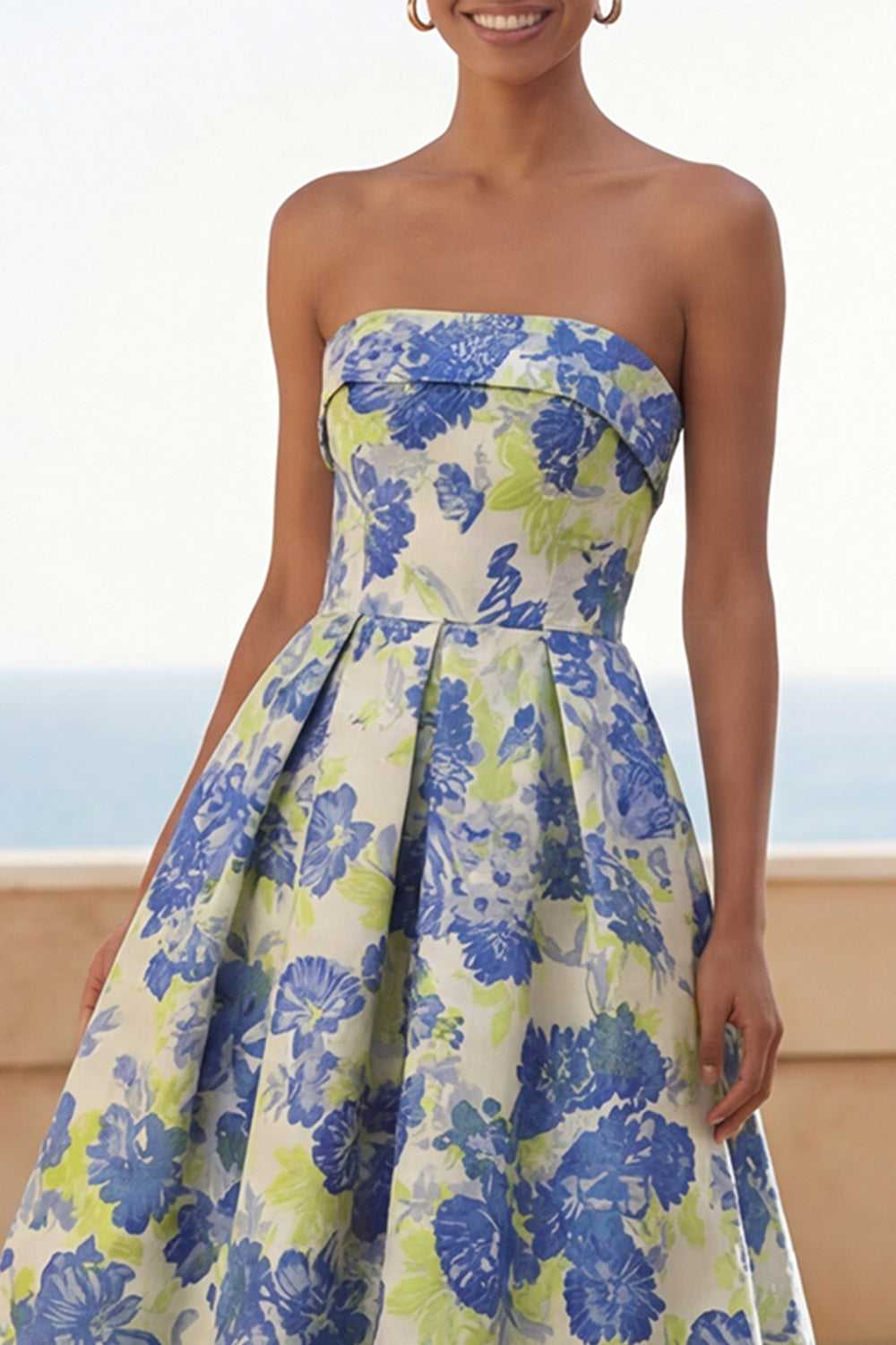 Blue Daffodil Flower Strapless A Line Floral Maxi Wedding Guest Dress