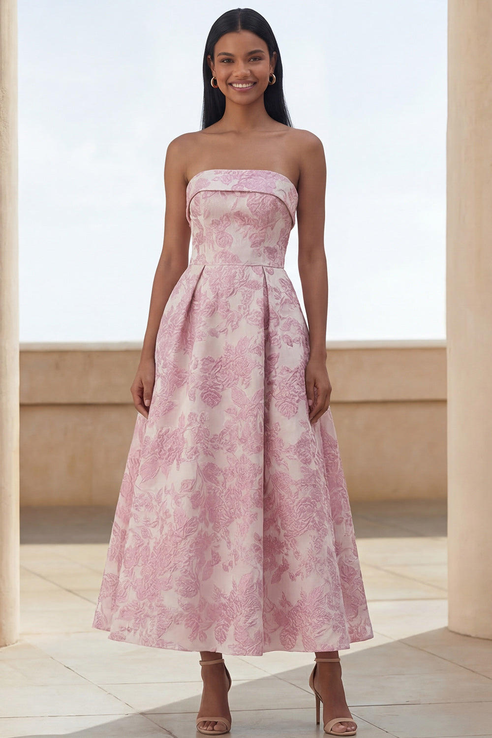 Blue Daffodil Flower Strapless A Line Floral Maxi Wedding Guest Dress