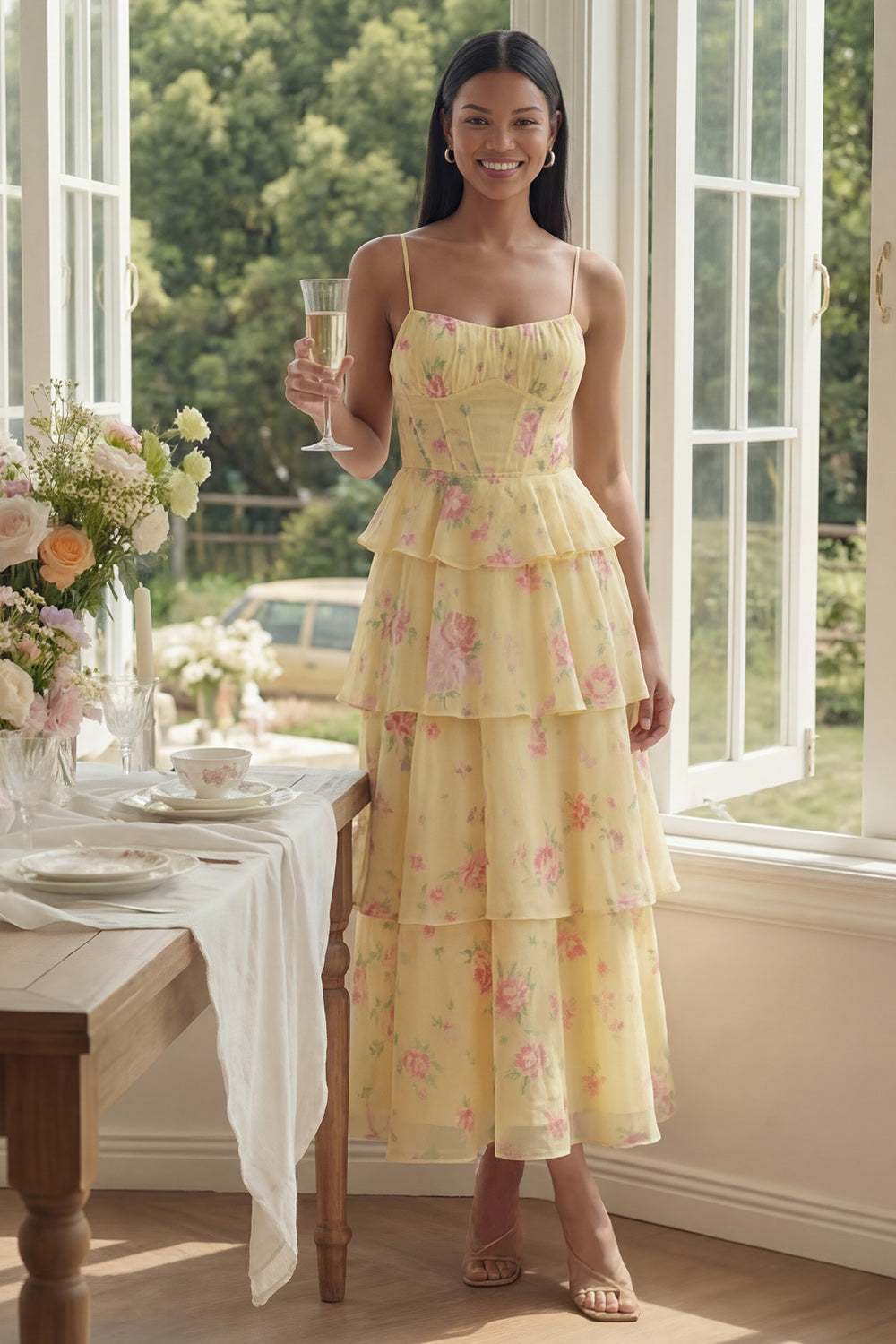 Yellow A Line Corset Floral Maxi Beach Wedding Guest Dress with Ruffles