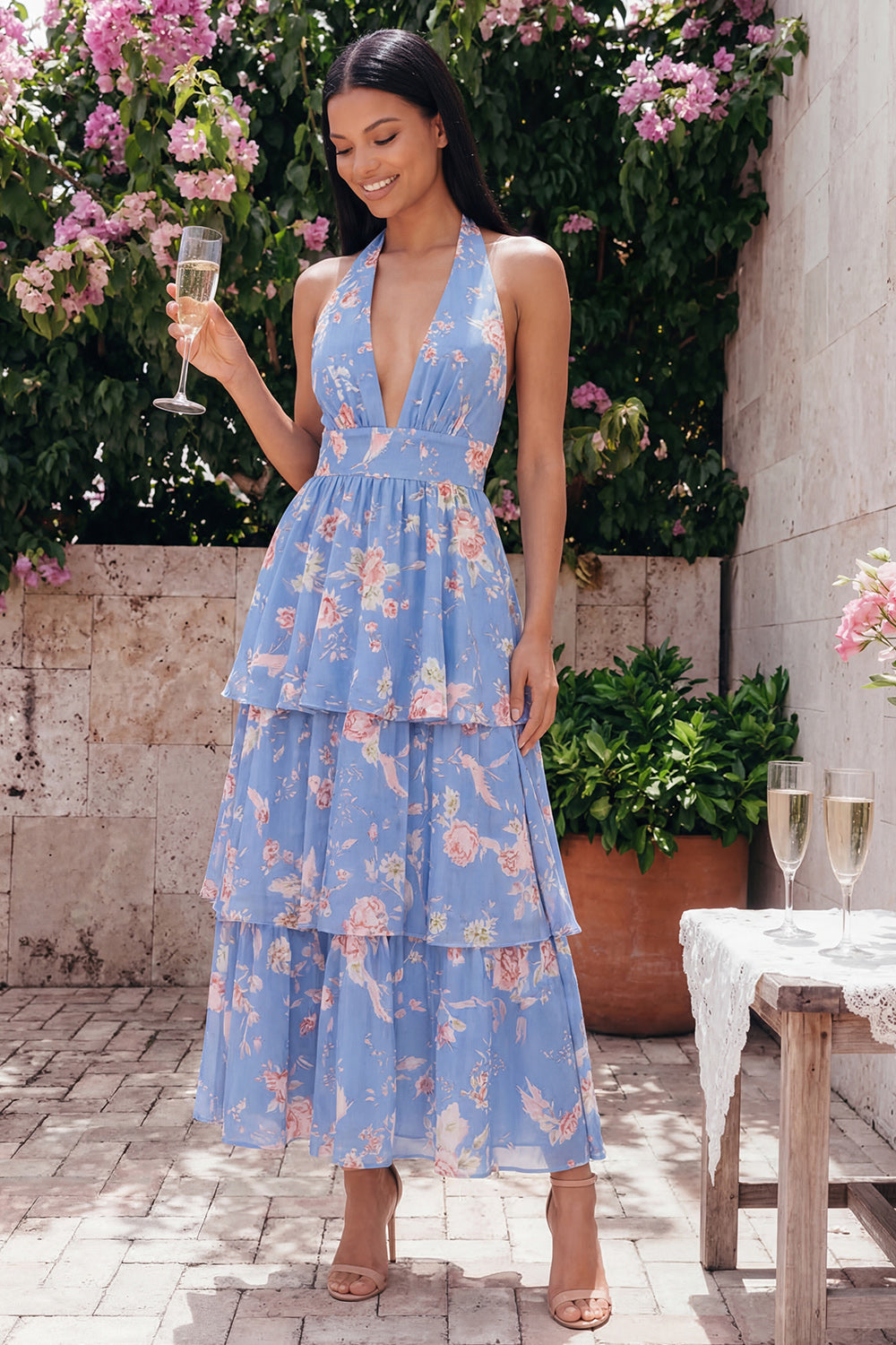 Blue Halter Ruffled Floral A Line Maxi Beach Wedding Guest Dress with Bow