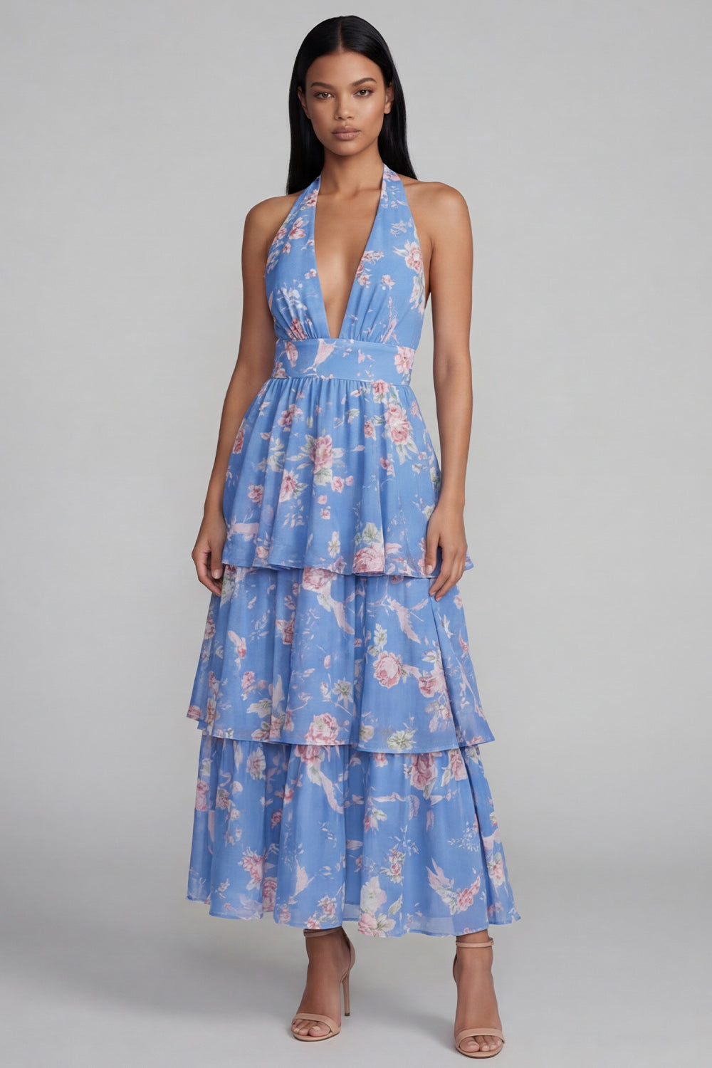 Blue Halter Ruffled Floral A Line Maxi Beach Wedding Guest Dress with Bow