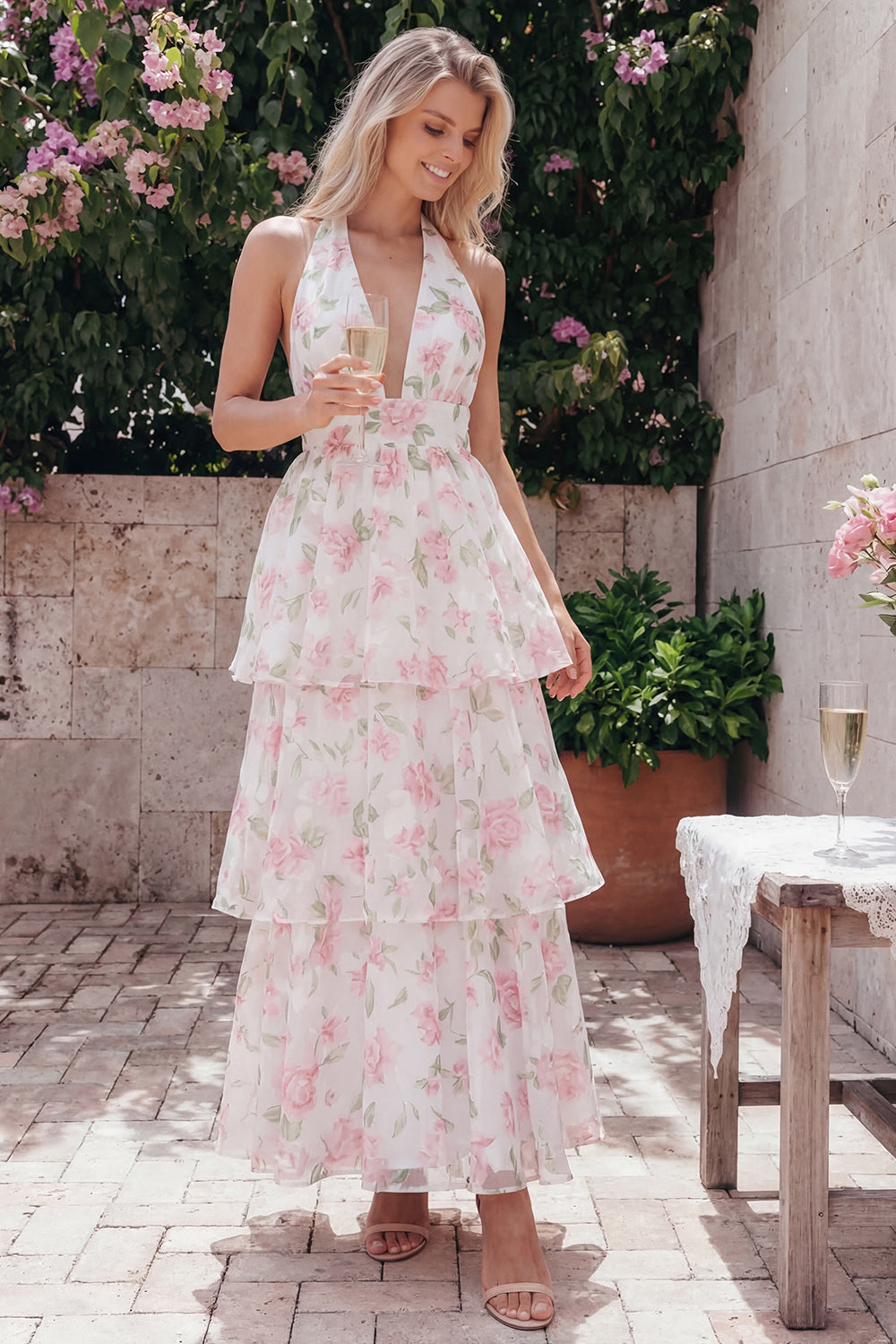 Blue Halter Ruffled Floral A Line Maxi Beach Wedding Guest Dress with Bow