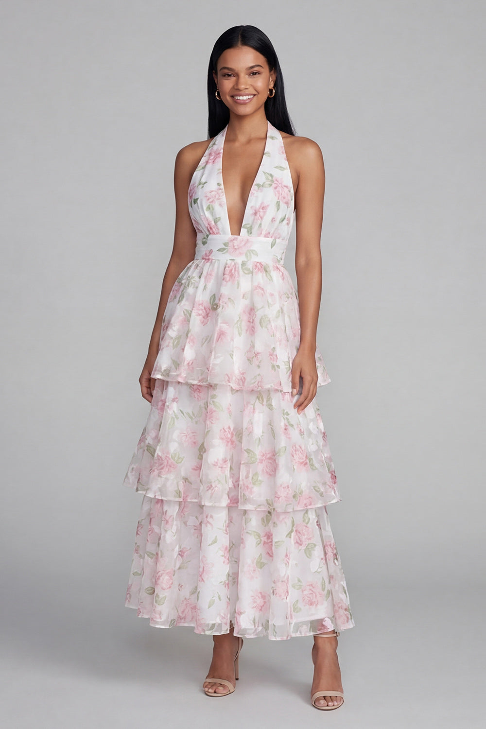 Blue Halter Ruffled Floral A Line Maxi Beach Wedding Guest Dress with Bow