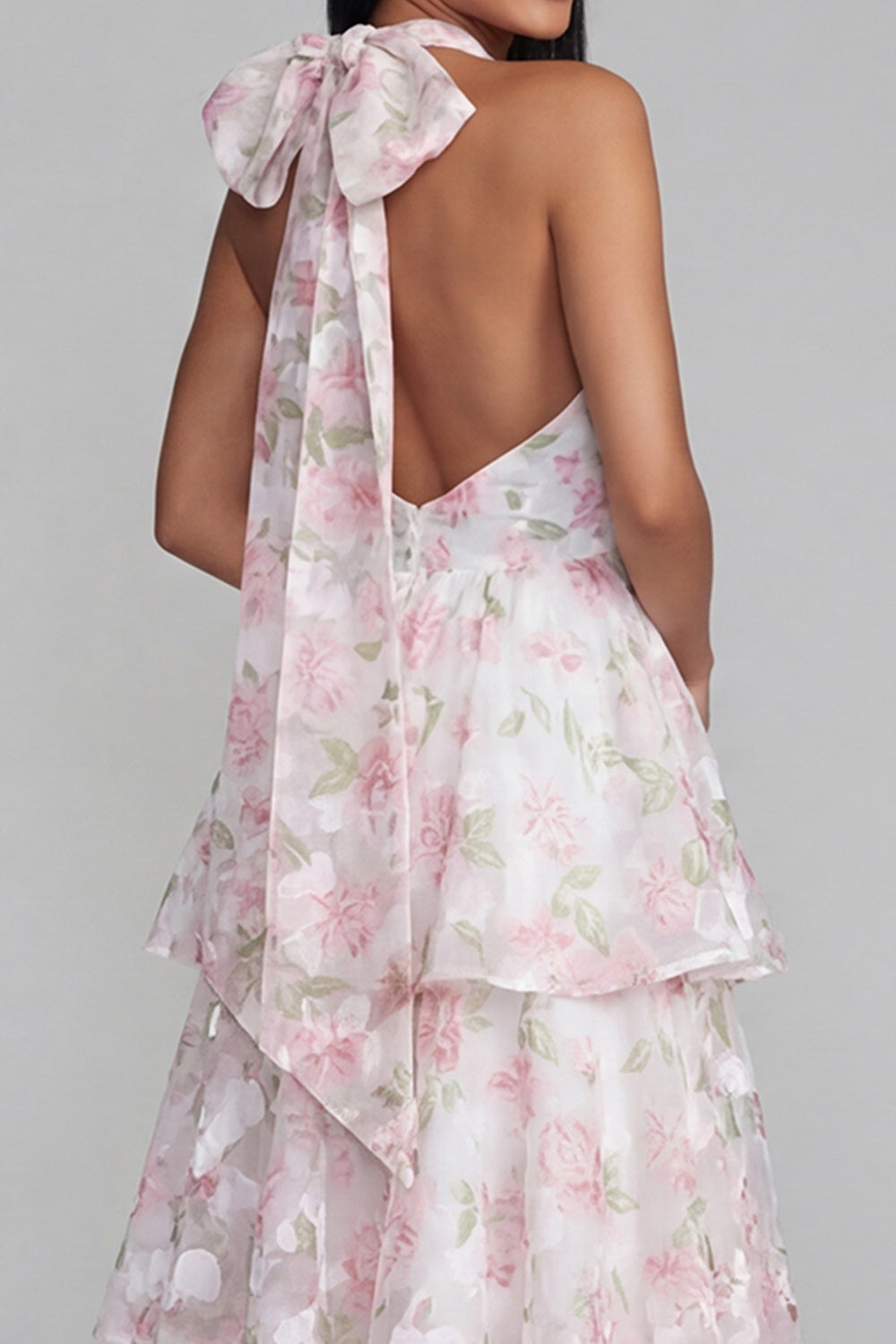 Blue Halter Ruffled Floral A Line Maxi Beach Wedding Guest Dress with Bow