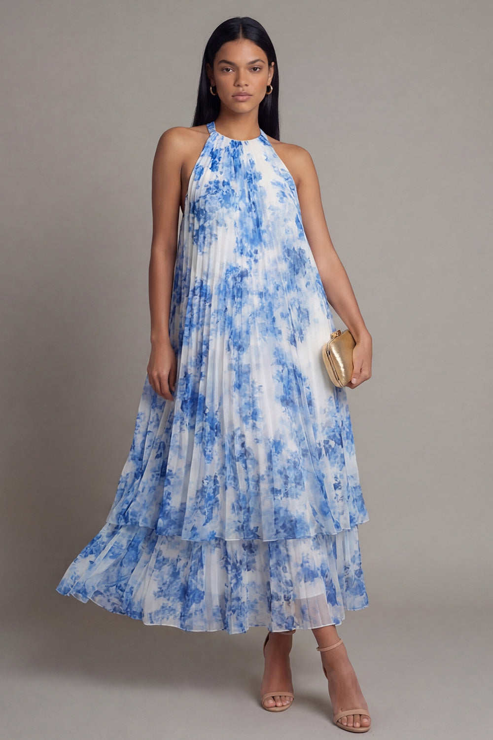 White Blue Flower A Line Maxi Beach Wedding Guest Dress with Pleats