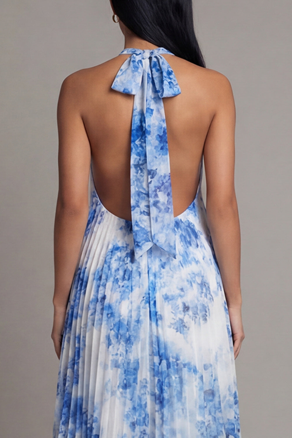 White Blue Flower A Line Maxi Beach Wedding Guest Dress with Pleats