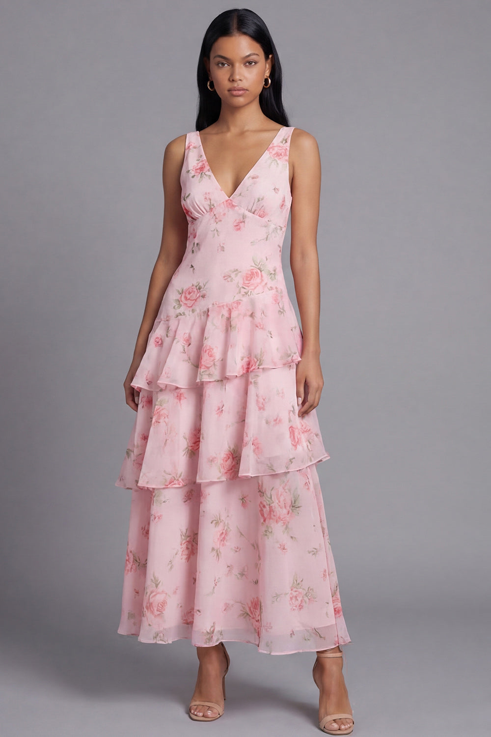 Pink A Line V-Neck Floral Maxi Beach Wedding Guest Dress with Ruffles