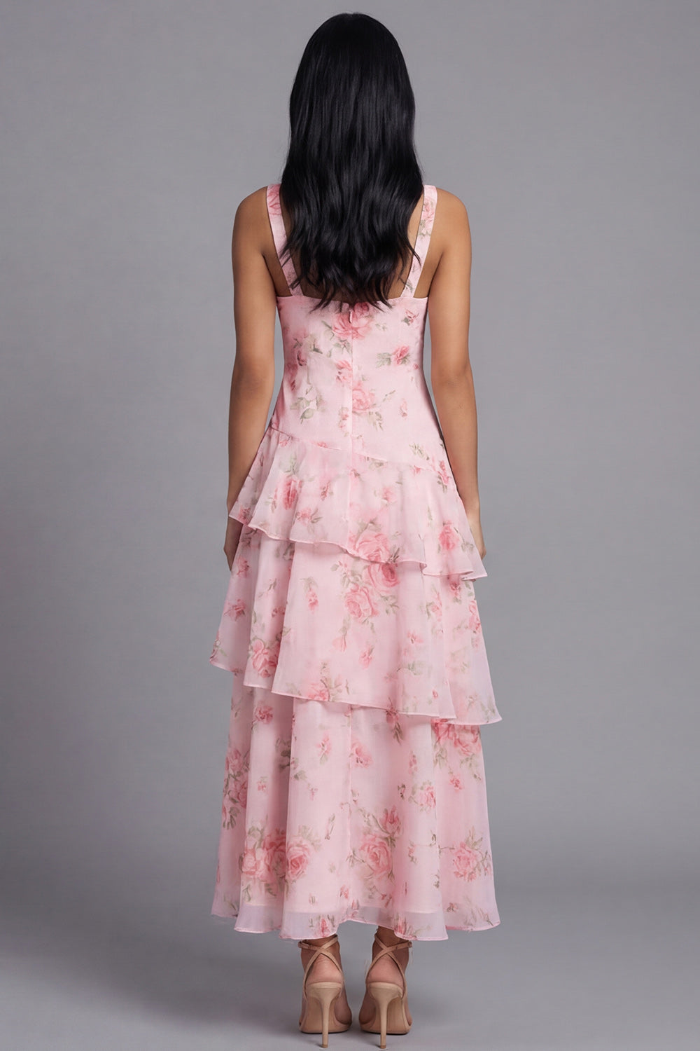 Pink A Line V-Neck Floral Maxi Beach Wedding Guest Dress with Ruffles