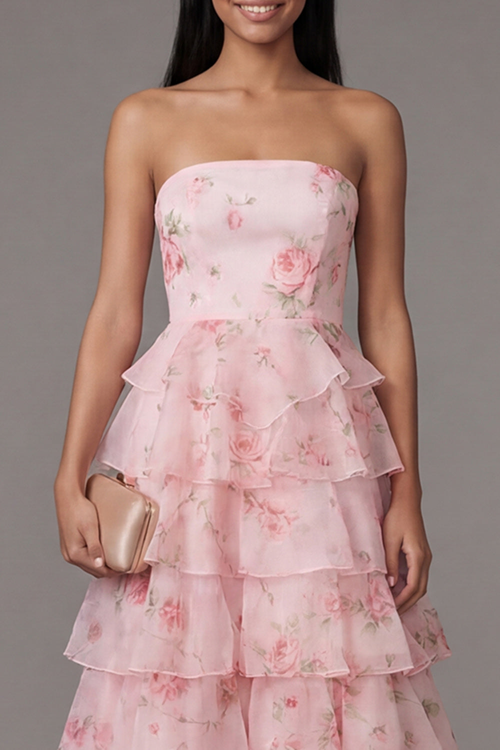 Pink Beach A Line Floral Maxi Strapless Wedding Guest Dress with Ruffles