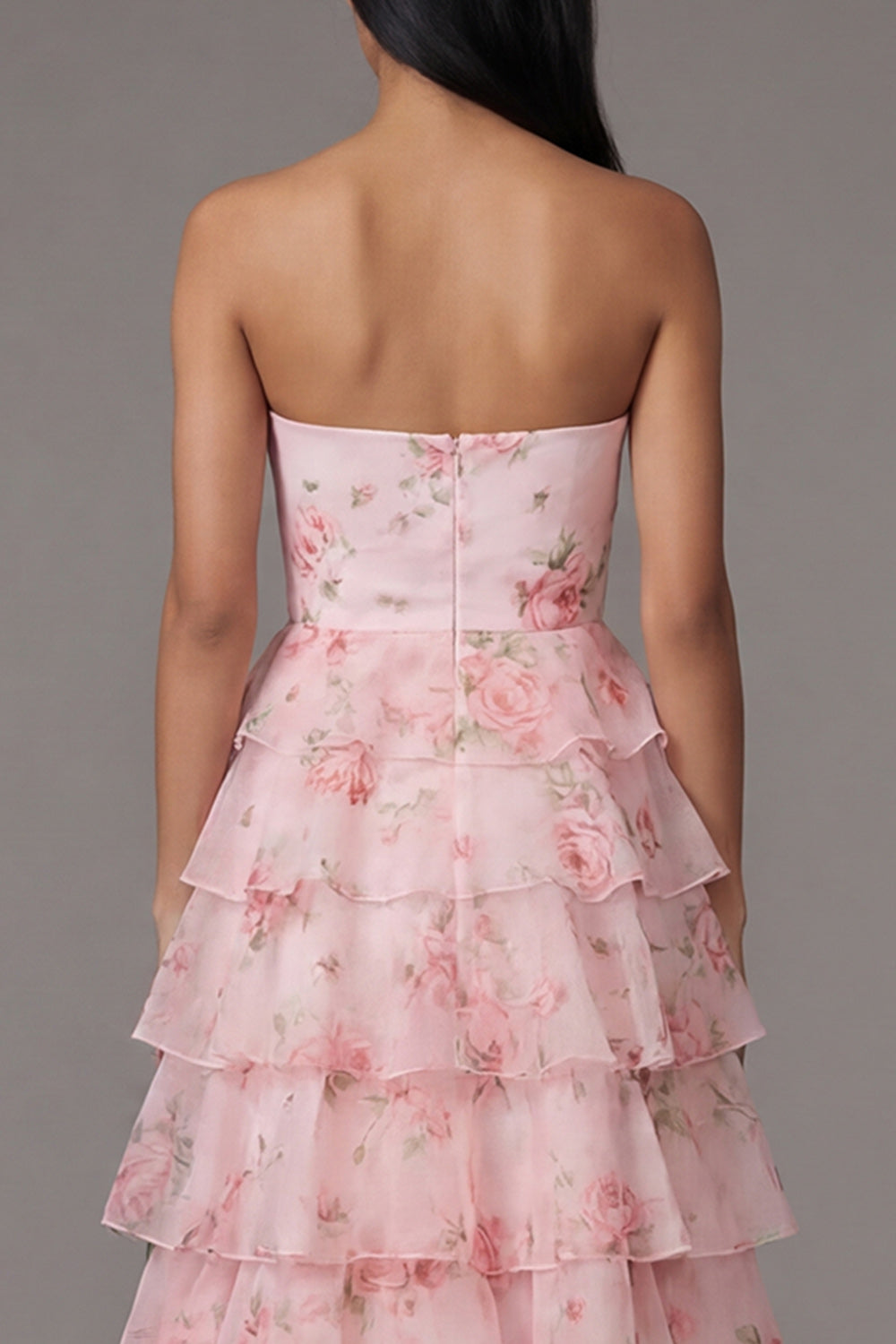 Pink Beach A Line Floral Maxi Strapless Wedding Guest Dress with Ruffles