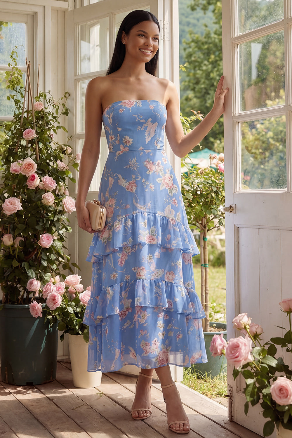 Blue Floral A Line Strapless Maxi Beach Wedding Guest Dress with Ruffles