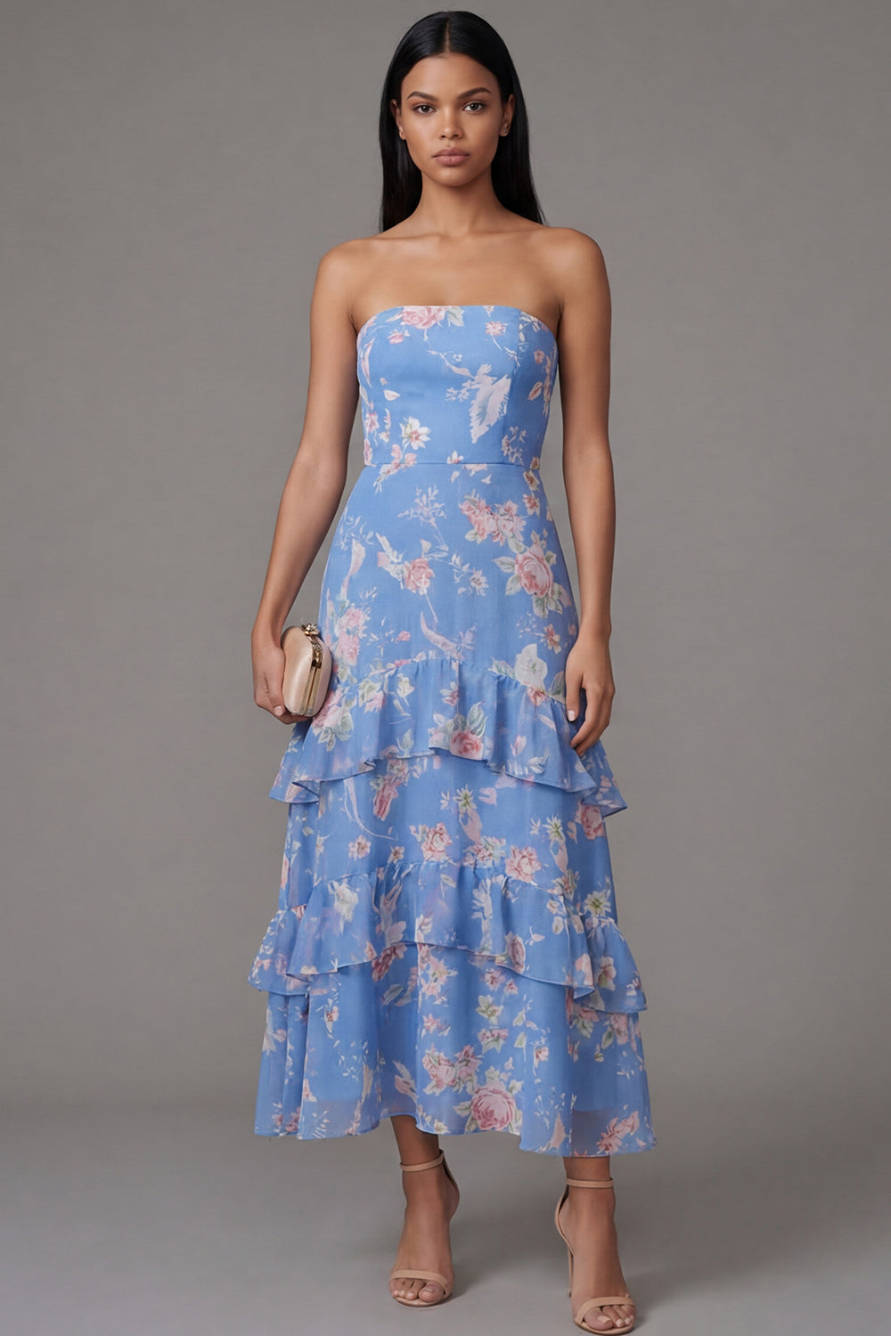 Blue Floral A Line Strapless Maxi Beach Wedding Guest Dress with Ruffles