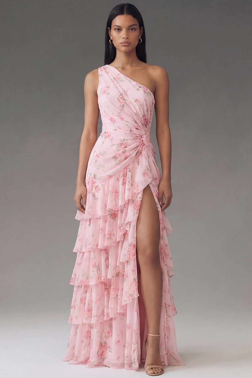 Pink Beach Ruffled Floral Maxi Ruched A Line Wedding Guest Dress with Slit