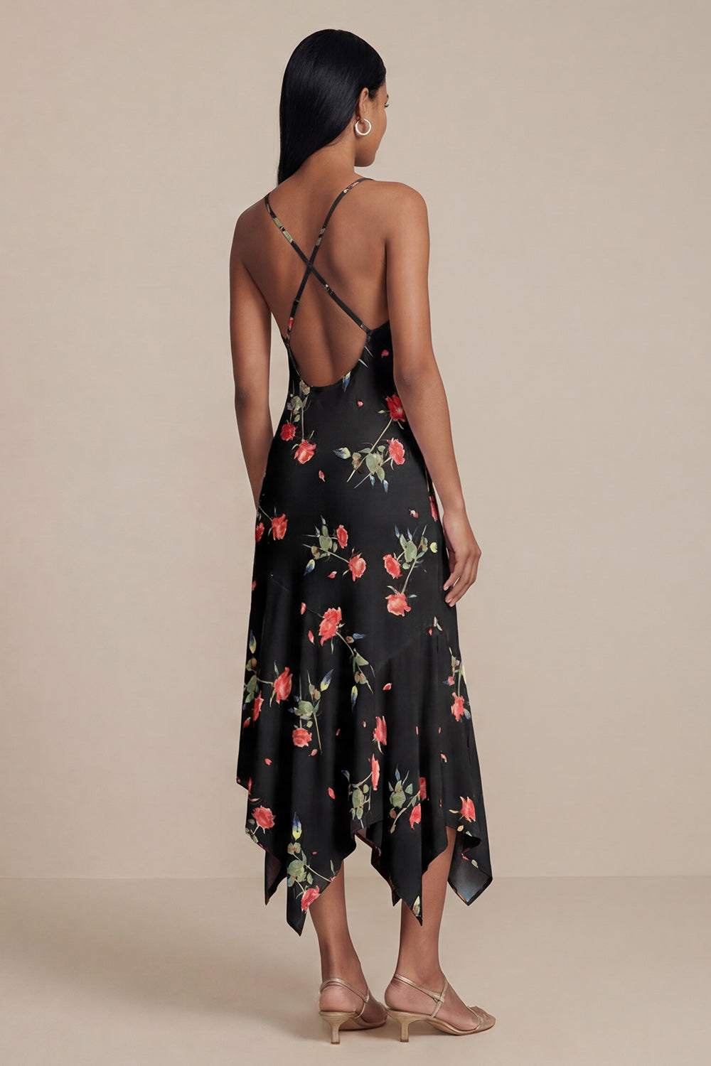 Black Floral V-Neck A Line Asymmetrical Beach Wedding Guest Dress
