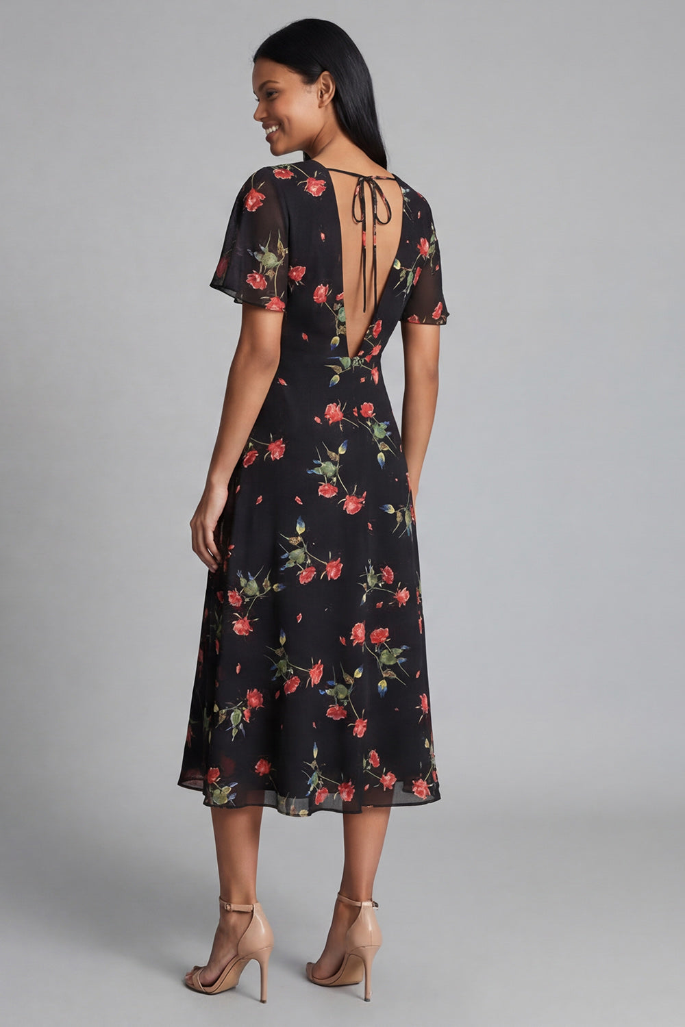 Black V-Neck A Line Floral Maxi Beach Wedding Guest Dress