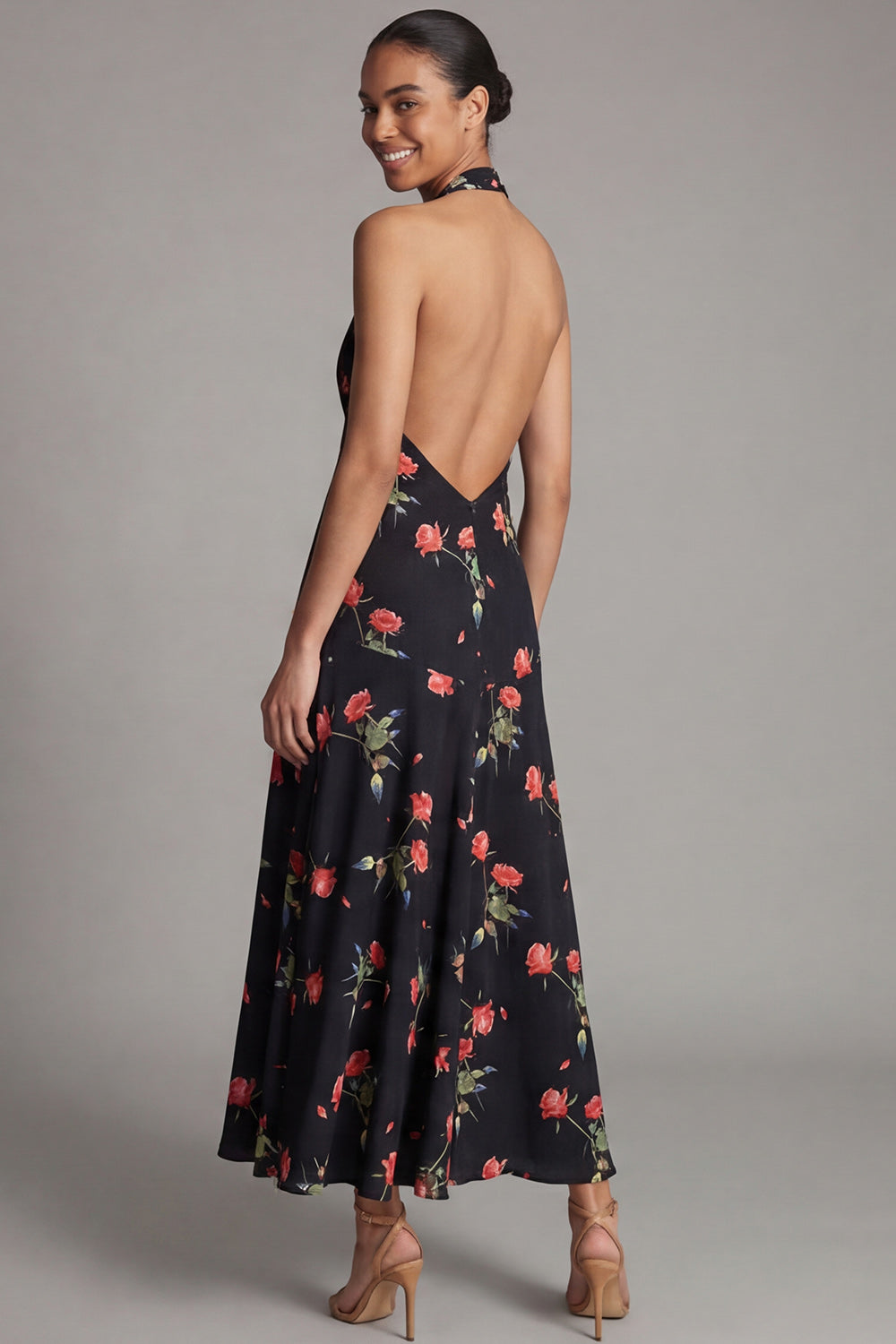 Black A Line Halter Floral Maxi Beach Wedding Guest Dress