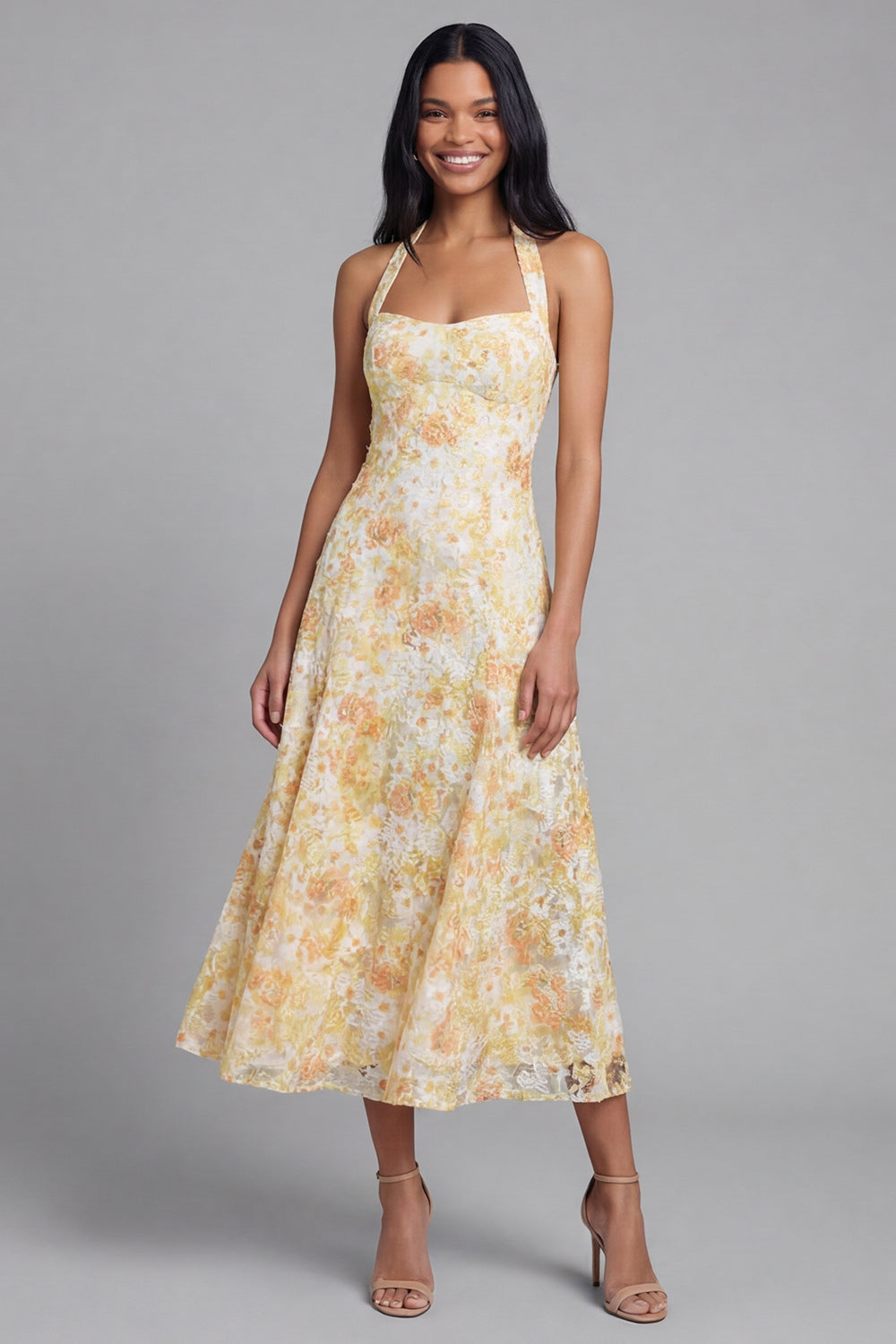 Yellow Lace Halter A Line Floral Maxi Boho Wedding Guest Dress with Bow