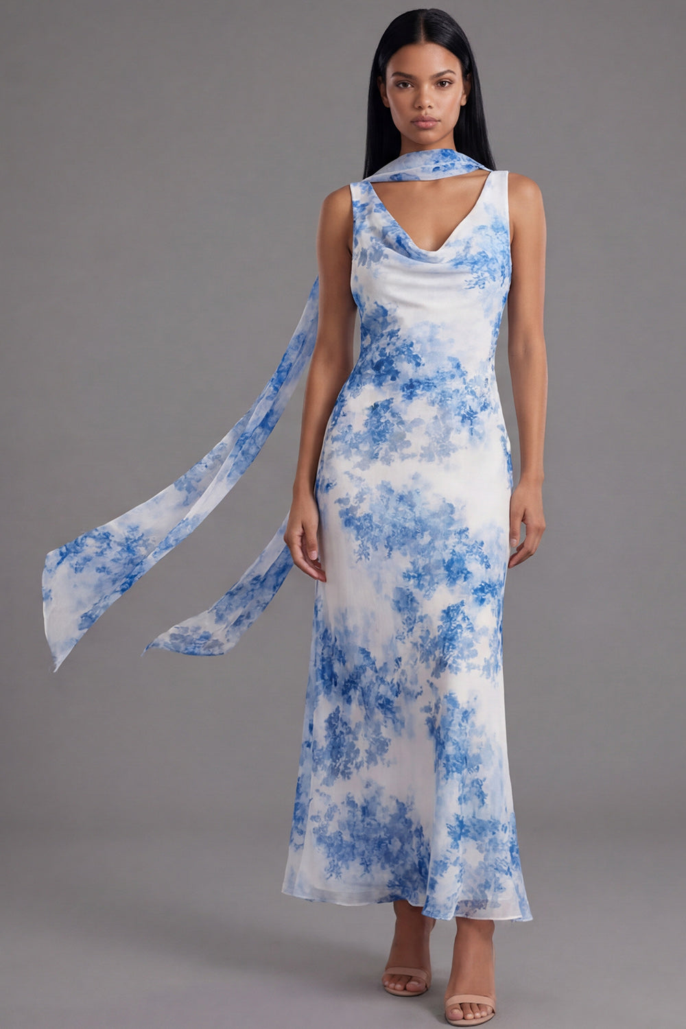 White Blue Flower Mermaid Neck Scarf Floral Maxi Beach Wedding Guest Dress