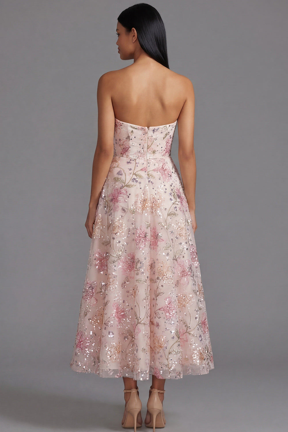 Sparkly Pink A Line Floral Maxi Strapless Sequin Wedding Guest Dress