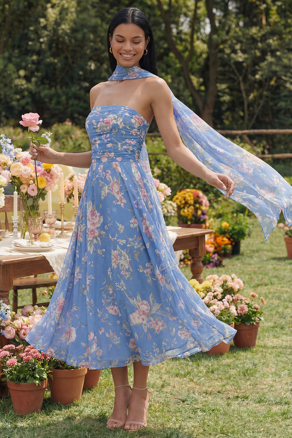 Blue Strapless Neck Scarf A Line Floral Maxi Beach Wedding Guest Dress