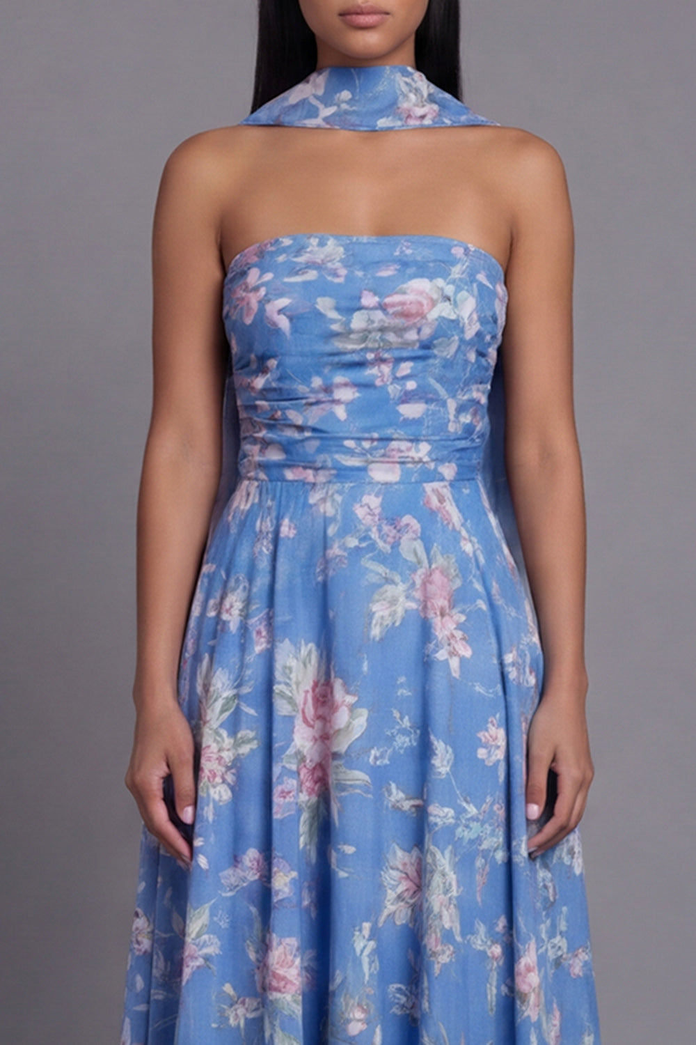 Blue Strapless Neck Scarf A Line Floral Maxi Beach Wedding Guest Dress