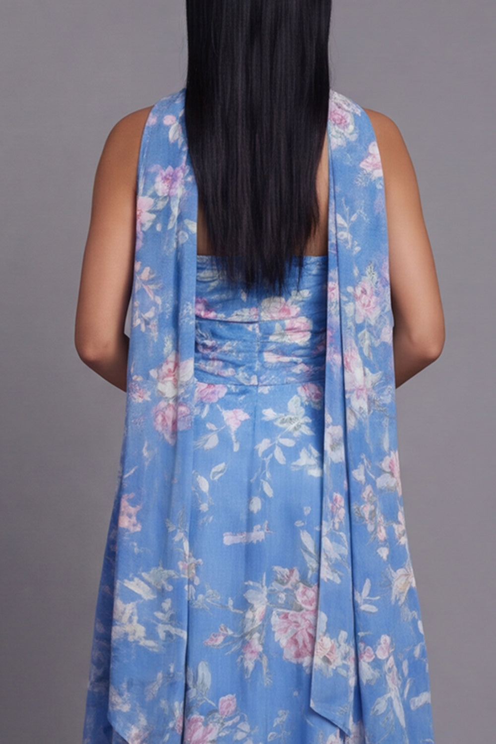 Blue Strapless Neck Scarf A Line Floral Maxi Beach Wedding Guest Dress