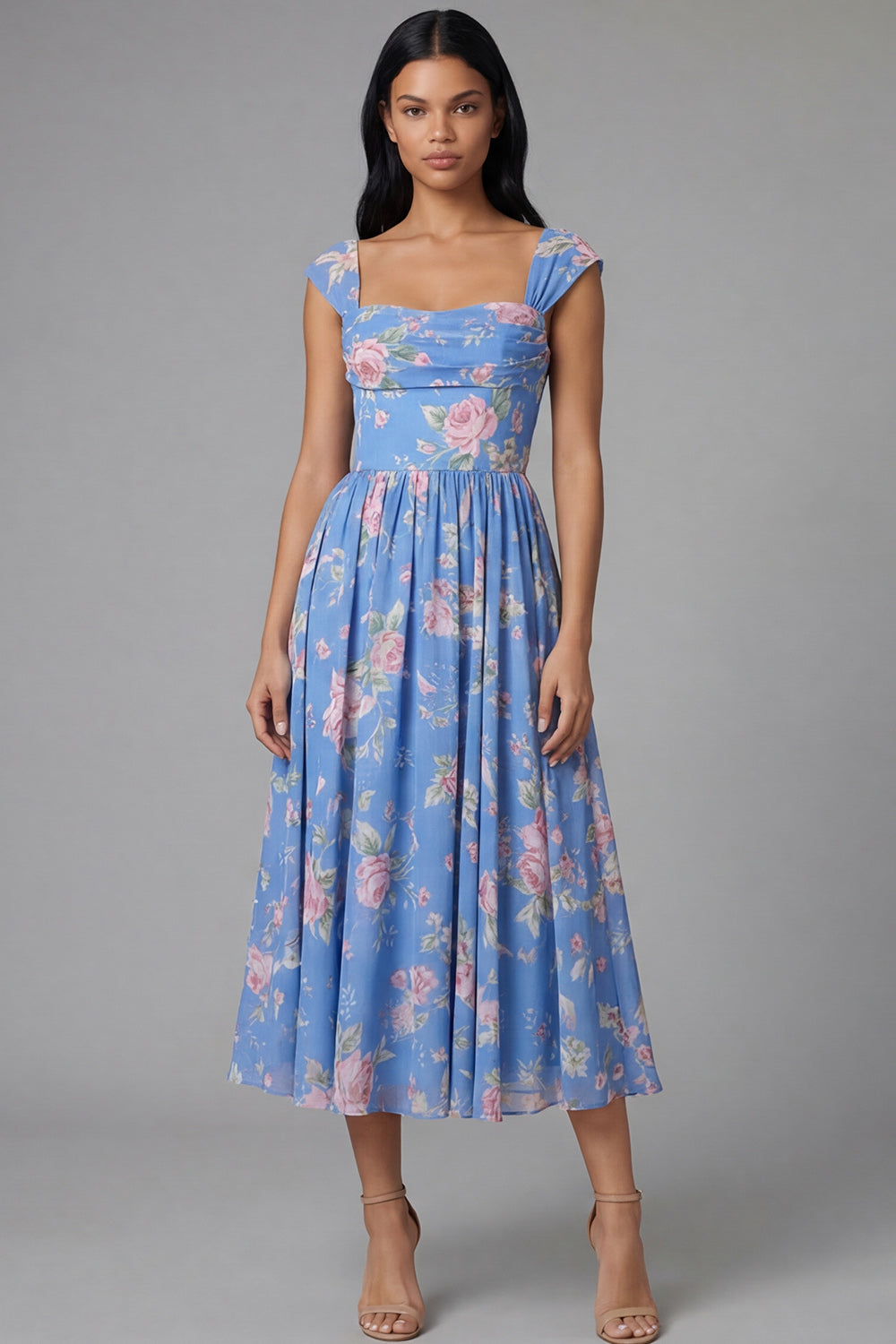 Blue Square Neck A Line Floral Maxi Beach Wedding Guest Dress