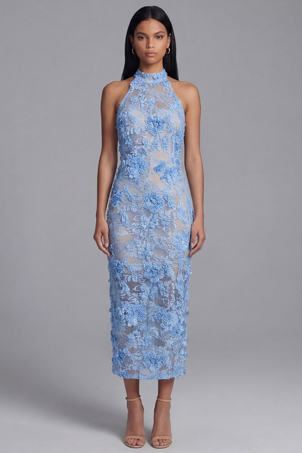 Blue Floral Lace Sheath High Neck Maxi Wedding Guest Dress