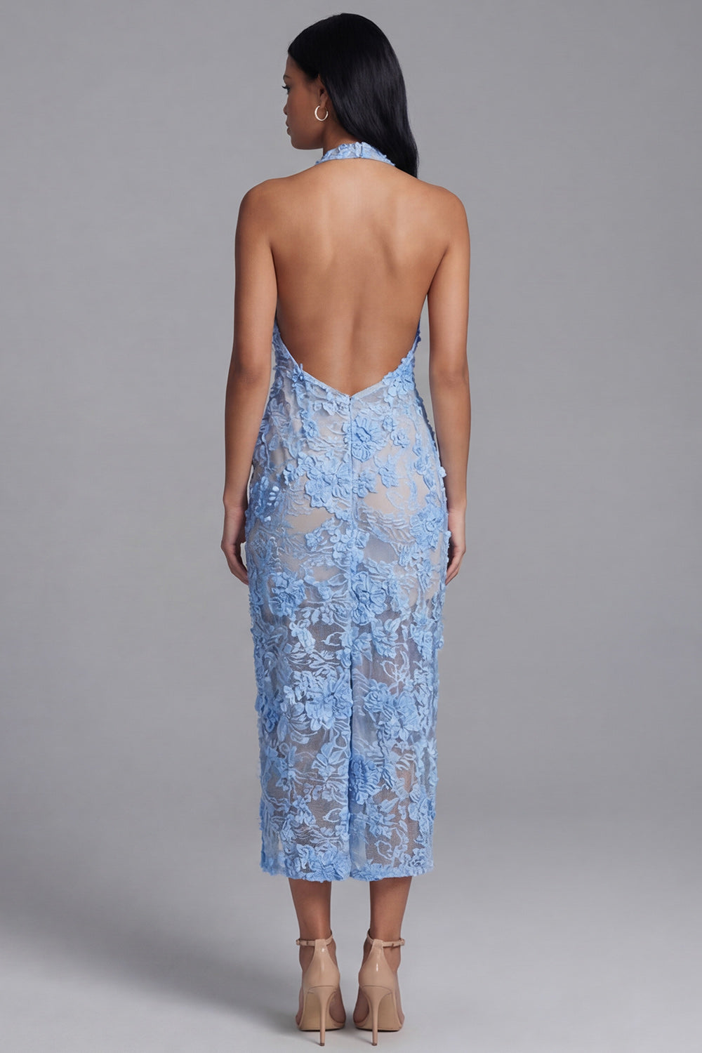 Blue Floral Lace Sheath High Neck Maxi Wedding Guest Dress