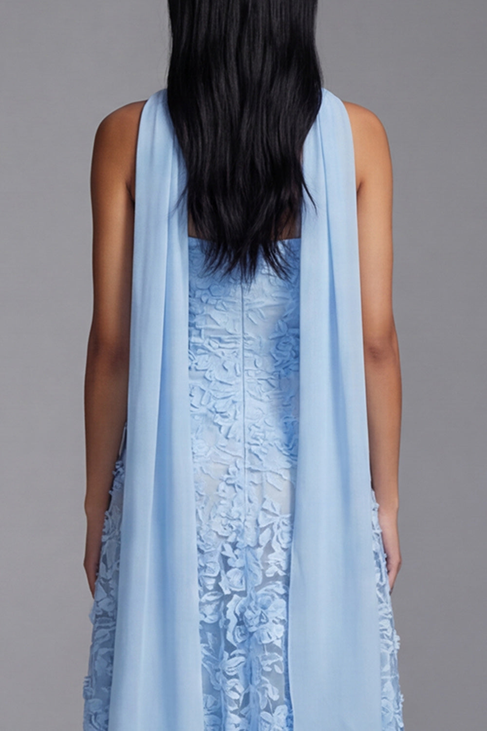 Blue Floral A Line Strapless Neck Scarf Maxi Wedding Guest Dress