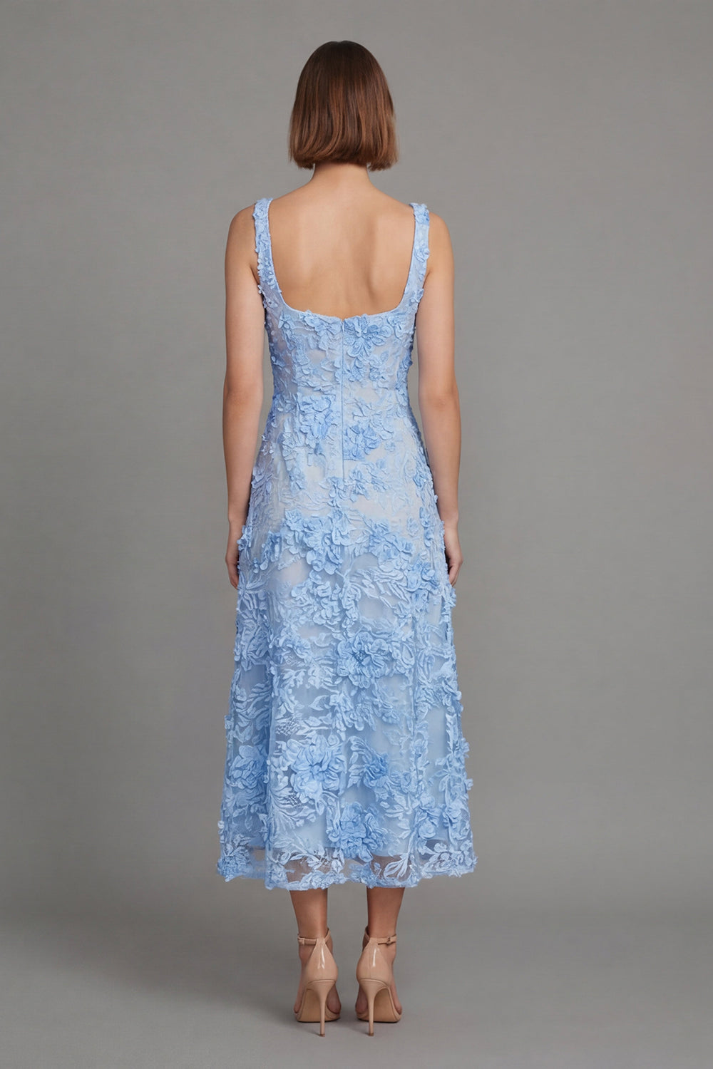 Blue Floral Square Neck A Line Maxi Wedding Guest Dress