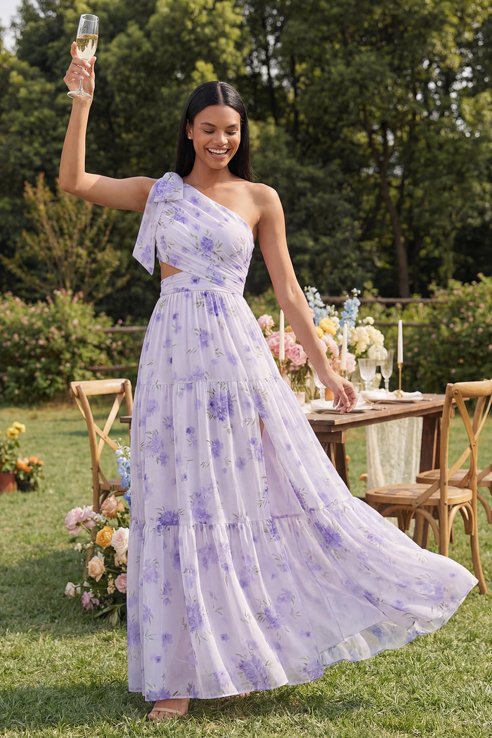 Floral Lilac Maxi A Line Ruched Beach Wedding Guest Dress with Slit
