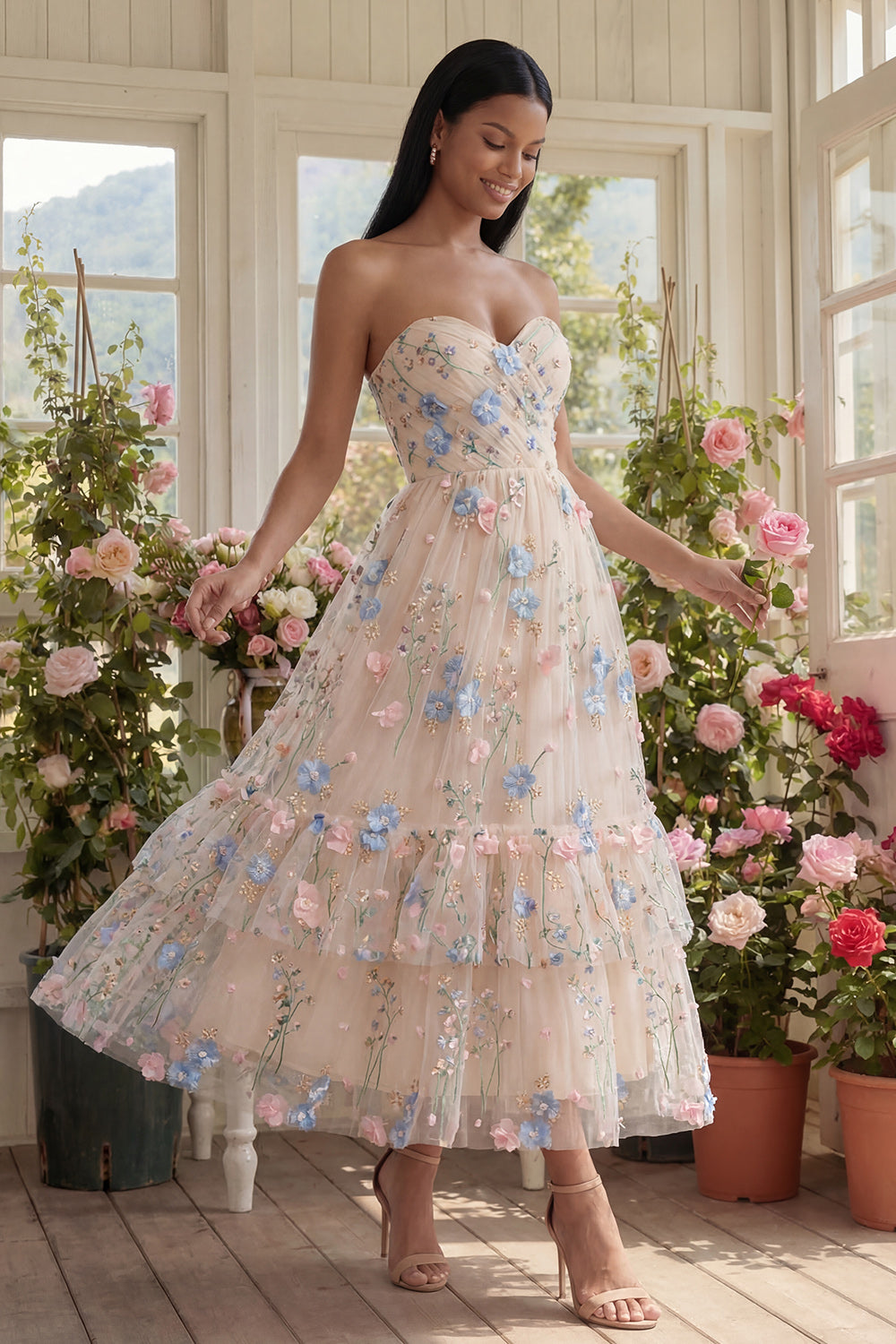 Champagne Floral Maxi A Line Ruched Beach Wedding Guest Dress with Ruffles