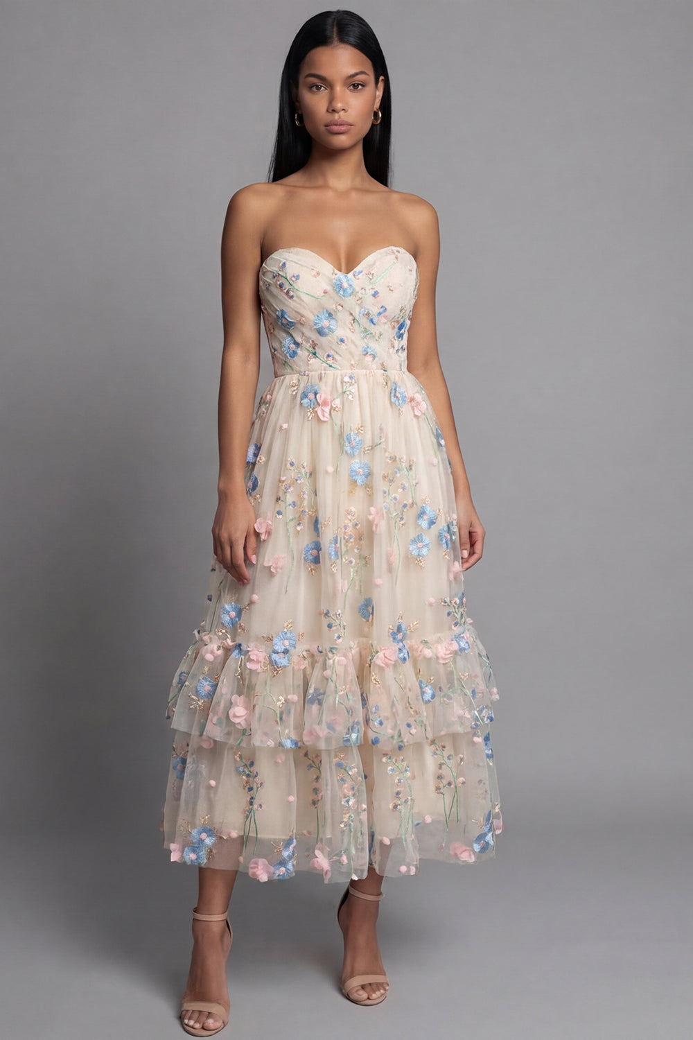 Champagne Floral Maxi A Line Ruched Beach Wedding Guest Dress with Ruffles