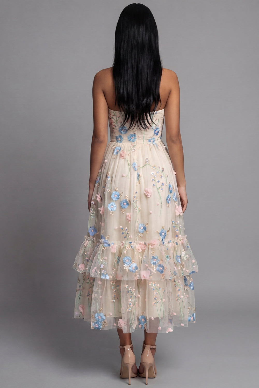 Champagne Floral Maxi A Line Ruched Beach Wedding Guest Dress with Ruffles