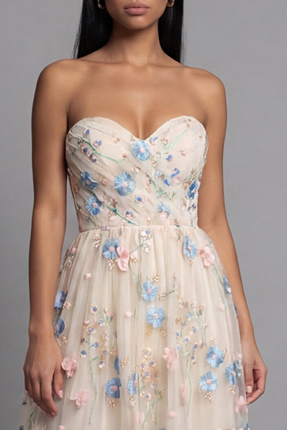 Champagne Floral Maxi A Line Ruched Beach Wedding Guest Dress with Ruffles