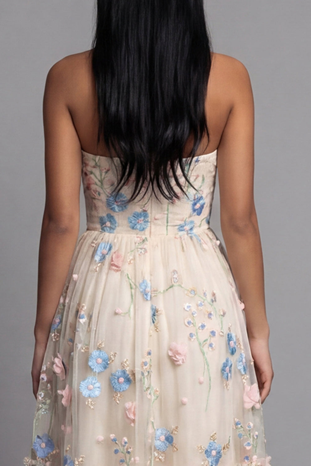 Champagne Floral Maxi A Line Ruched Beach Wedding Guest Dress with Ruffles