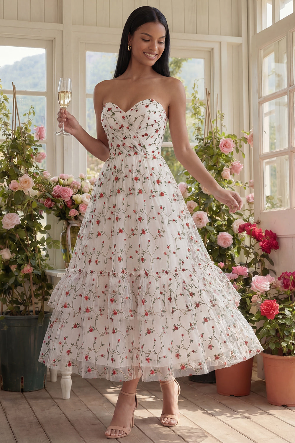 Champagne Floral Maxi A Line Ruched Beach Wedding Guest Dress with Ruffles