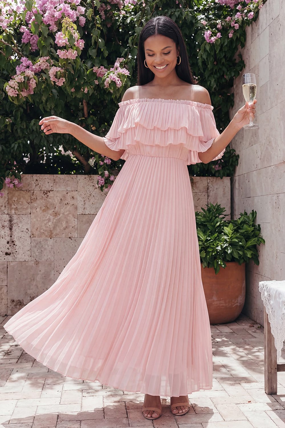 Pink Maxi Ruffled A Line Beach Wedding Guest Dress with Pleats