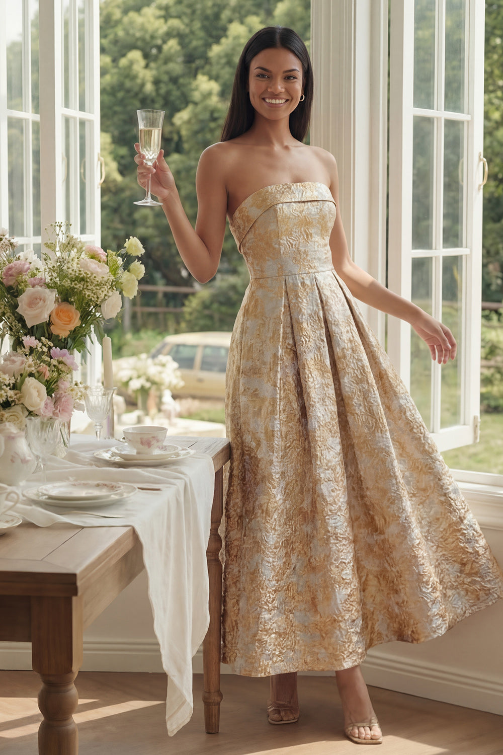 Black Strapless Floral Maxi A Line Wedding Guest Dress