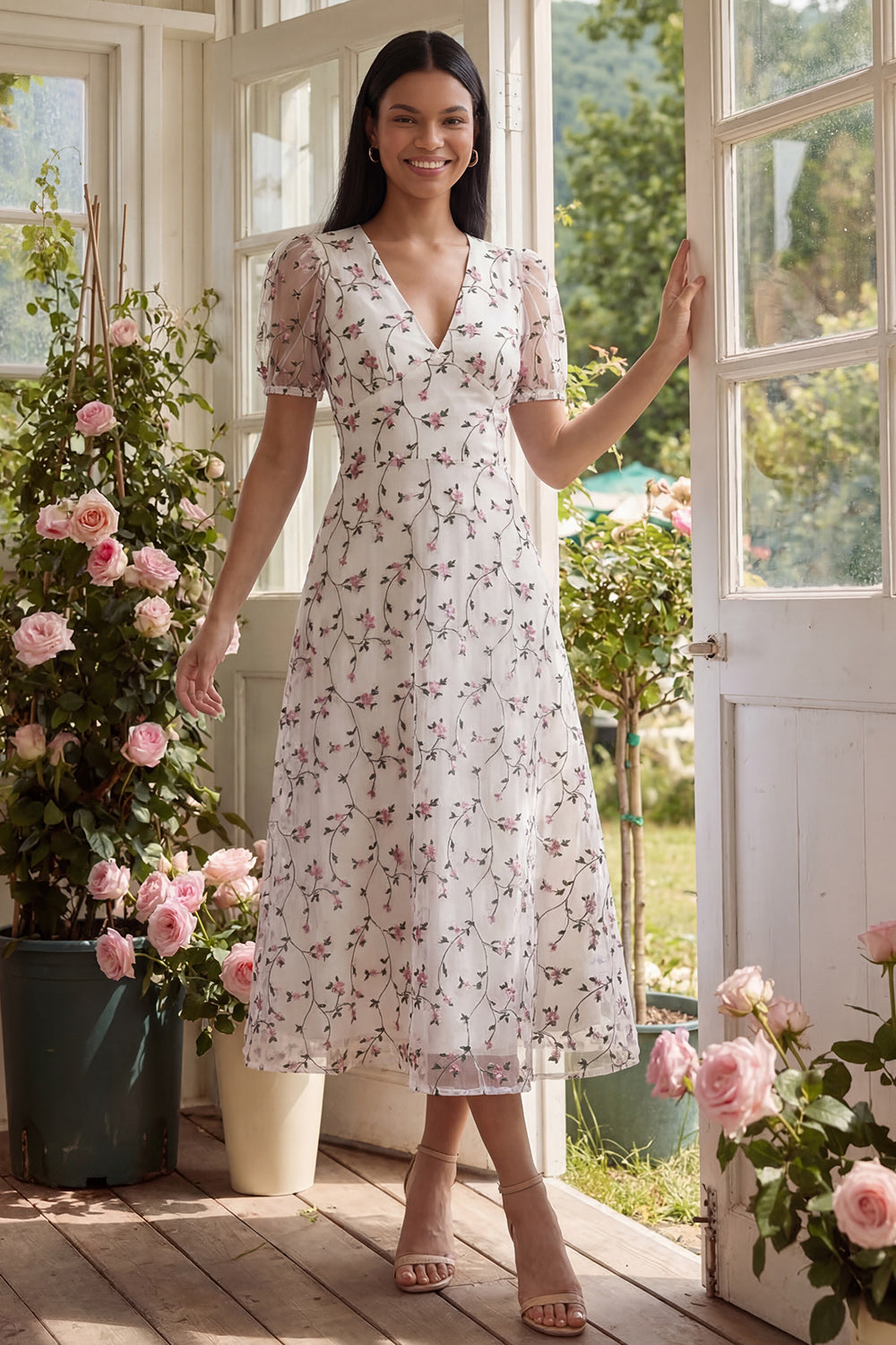 White Red Floral V-Neck A Line Maxi Beach Wedding Guest Dress