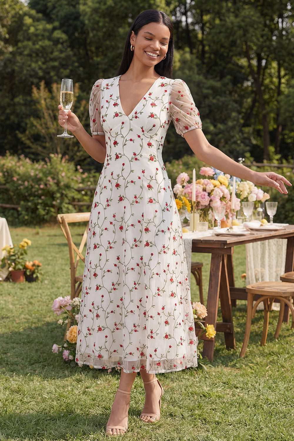 White Red Floral V-Neck A Line Maxi Beach Wedding Guest Dress