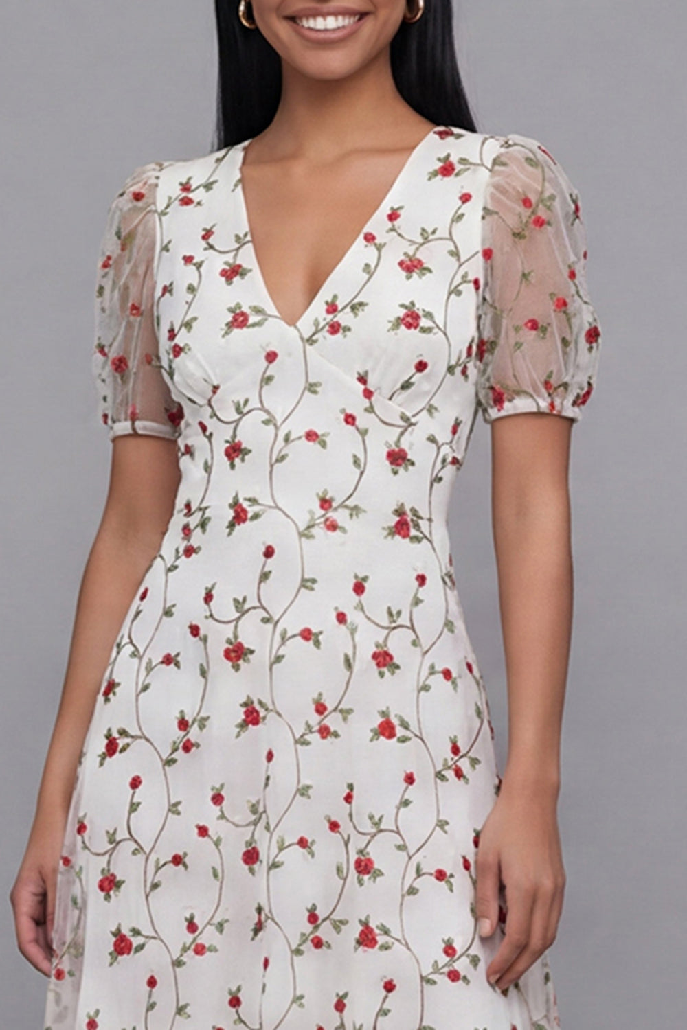 White Red Floral V-Neck A Line Maxi Beach Wedding Guest Dress